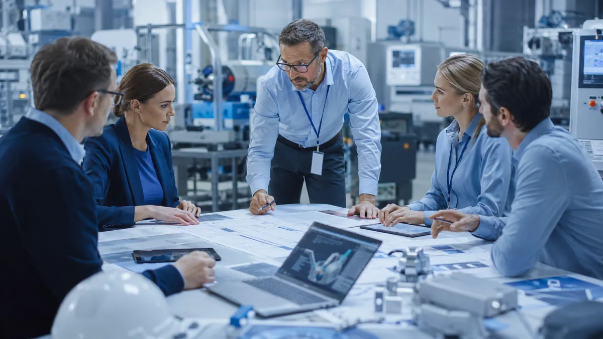 Qualitätsmanagement-Team bespricht Auditunterlagen und Prüfdokumente in einer modernen Produktionsstätte