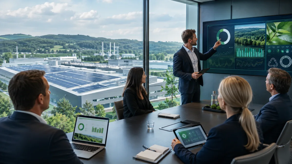 Präsentation von Nachhaltigkeitskennzahlen im Besprechungsraum mit Blick auf ein Industriegebäude mit Solaranlage