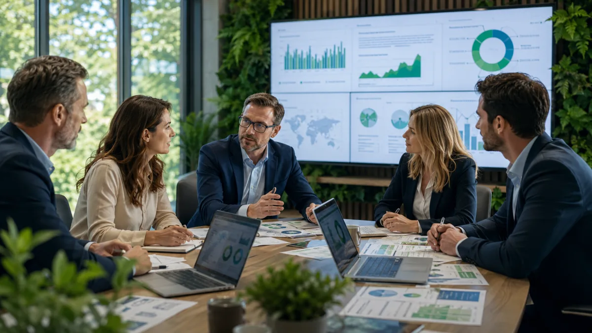 Team bespricht Nachhaltigkeitsberichte und Kennzahlen zur Verbesserung der EcoVadis-Bewertung im Konferenzraum