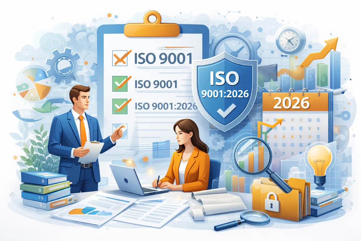 Dokumente und Checklisten zur ISO 9001:2026 Revision auf einem Schreibtisch